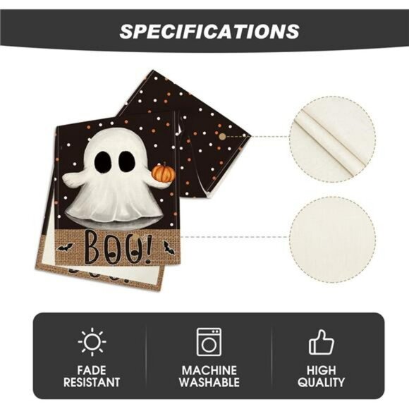 Halloween Table Runner 13x72 Black Boo Ghost Pumpkin Dots Fall Party Table Decor - Picture 5 of 7